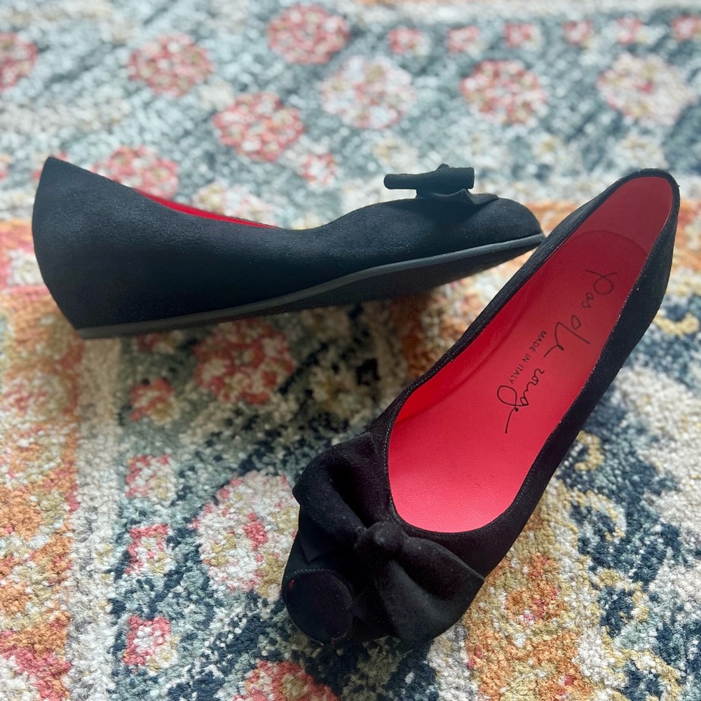 {S O L D} Pas De Rouge | Black Suede Peep Toe Wedge